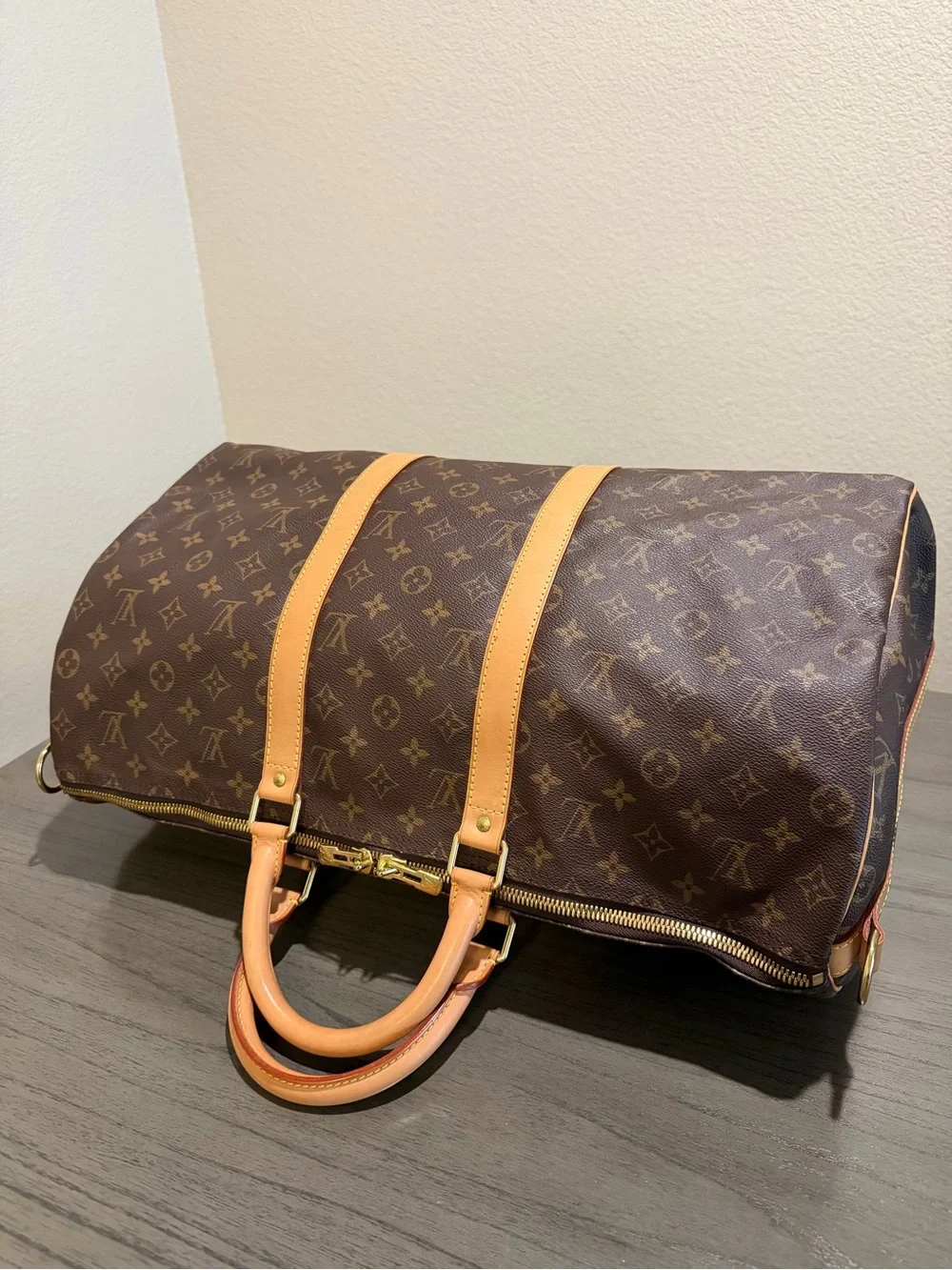 Louis Vuitton Keepall 50 Brown Monogram Leather Travel Duffel Bag with Strap